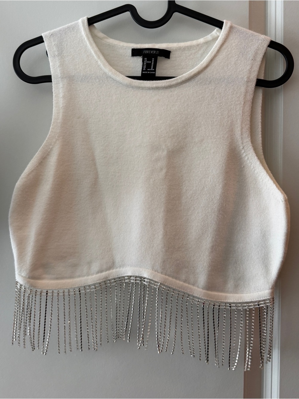 Forever 21 White Tank with Silver Beaded Fringe